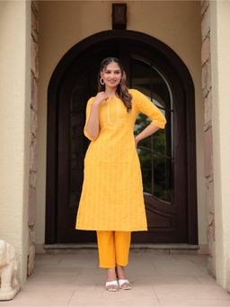 ARAMYA - Yellow Kantha Cotton Woven Design Straight Kurta for Women