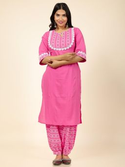 ARAMYA - Pink Soft Cotton Solid Straight Kurta for Women