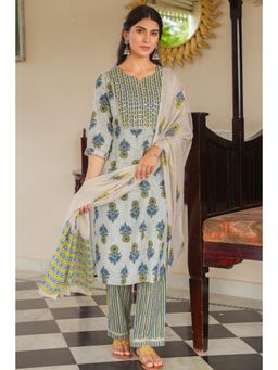 ARAMYA - Beige Soft Cotton Floral Straight Kurta for Women