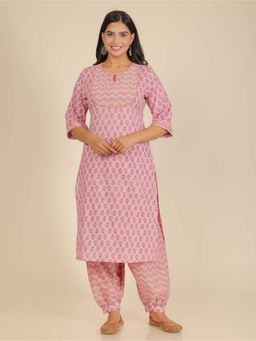 ARAMYA - Pink Soft Cotton Floral Straight Kurta for Women