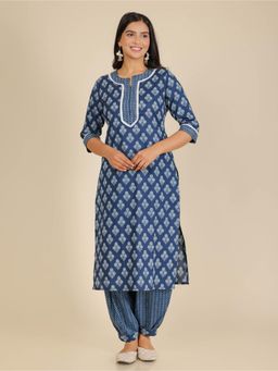 ARAMYA - Navy Blue Soft Cotton Floral Straight Kurta for Women