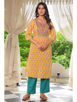 ARAMYA - Mustard Soft Cotton Block Straight Kurta for Women