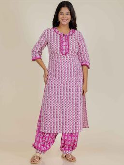 ARAMYA - Pink Soft Cotton Printed Straight Kurta for Women