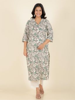 ARAMYA - Beige Soft Cotton Floral Straight Kurta for Women