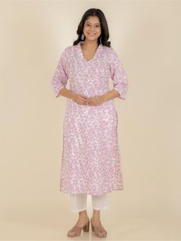 ARAMYA - White Soft Cotton Floral Straight Kurta for Women