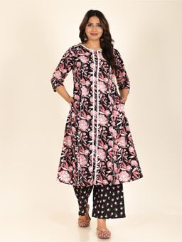 ARAMYA - Black Soft Cotton Floral A-Line Kurta for Women