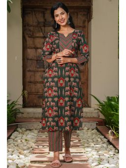 ARAMYA - Green Soft Cotton Printed Straight Kurta for Women
