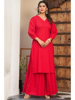 ARAMYA - Red Soft Cotton Floral Straight Kurta for Women