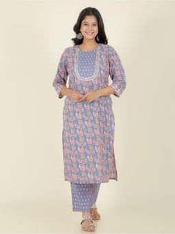 ARAMYA - Blue Soft Cotton Floral Straight Kurta for Women