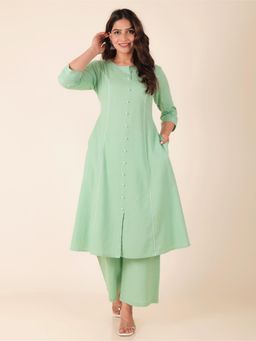 ARAMYA - Green Linen Cotton Solid A-Line Kurta for Women