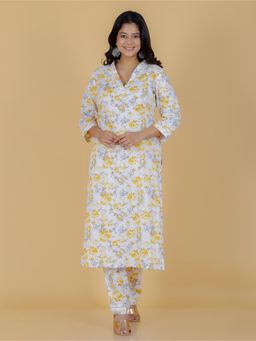 ARAMYA - White Soft Cotton Floral Straight Kurta for Women