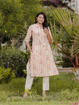 ARAMYA - Peach Linen Cotton Floral Straight Kurta for Women