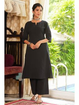 ARAMYA - Black Linen Cotton Solid A-Line Kurta for Women