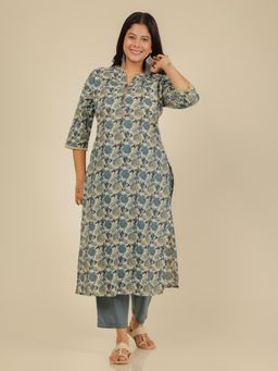 ARAMYA - Grey Soft Cotton Floral Straight Kurta for Women