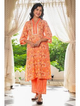 ARAMYA - Orange Soft Cotton Floral Straight Kurta for Women
