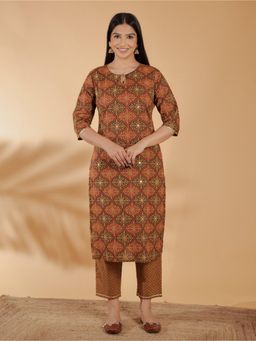 ARAMYA - Brown Soft Cotton Printed Straight Kurta for Women
