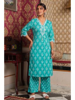 ARAMYA - Green Soft Cotton Printed Straight Kurta for Women