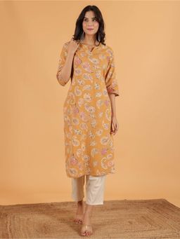 ARAMYA - Mustard Linen Cotton Paisley Straight Kurta for Women