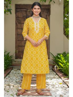ARAMYA - Mustard Soft Cotton Printed Straight Kurta for Women
