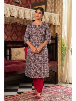 ARAMYA - Grey Soft Cotton Floral Straight Kurta for Women