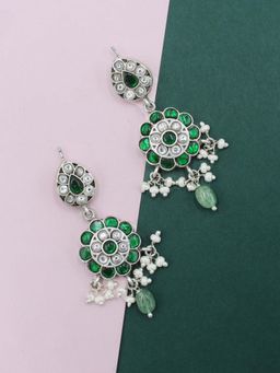 SANGEETA BOOCHRA JAIPUR - Silver Earring with Green Kundan and Hanging Pearls