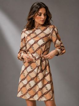 Twenty Dresses by Nykaa Fashion - Womens Belt Printed High Neck Polyester A-Line Dress