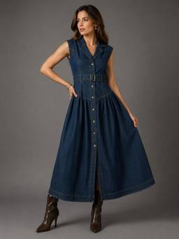 Twenty Dresses by Nykaa Fashion - Womens Denim Maxi Dress with Lapel and Belt