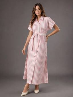 Twenty Dresses by Nykaa Fashion - Womens Pink Stripe Cotton Midi Dress with Belt