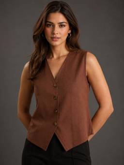 Twenty Dresses by Nykaa Fashion - Womens Brown Cotton Linen Waistcoat Top