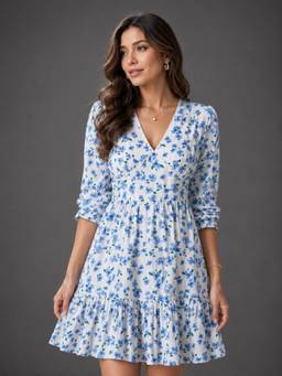 Twenty Dresses by Nykaa Fashion - Womens Cotton Blue & Green Floral Dress with Lace detail