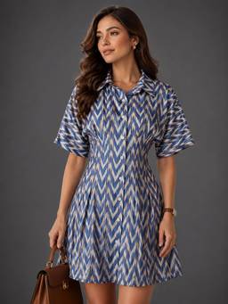 Twenty Dresses by Nykaa Fashion - Womens Polyester Blue Chevron Dress with Waist Fitting