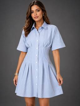 Twenty Dresses by Nykaa Fashion - Womens Cotton Blue Stripe Dress with Waist Fitting