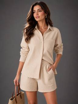 Twenty Dresses by Nykaa Fashion - Womens Oversized Beige Seer Sucker Shirt & Shorts