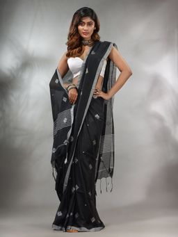 CHARUKRITI - Black Cotton Handwoven Saree with Texture Pattern & Unstitched Blouse