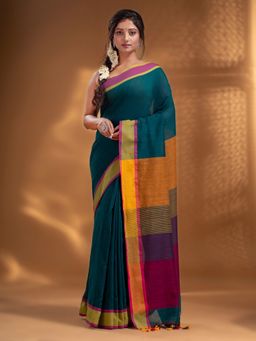 Arhi - Teal Pure Cotton Handwoven Soft Saree with Multi-Color Pallu