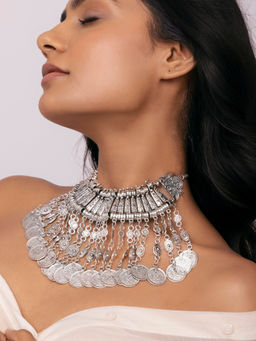 Indya - Oxidized Silver Afghani Coin Necklace