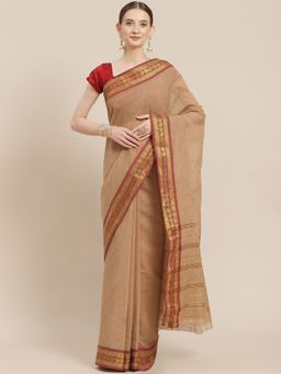 ISHIN - Womens Cotton Blend Beige Solid Woven Design Saree with Unstitched Blouse