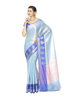 Banarasi Silk Works - Blue Zari Kanchi Silk Tanchoi Meena Saree with Unstitched Blouse