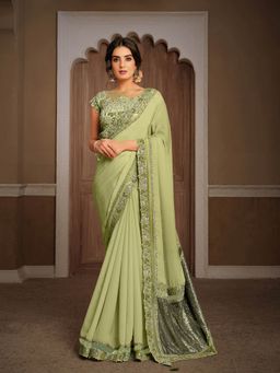 Odette - Lime Green Silk Georgette Designer Saree with Unstitched Blouse