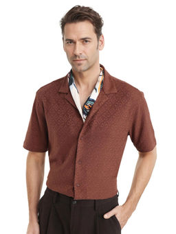 Rare Rabbit - Men Brown Self Design Casual Shirt