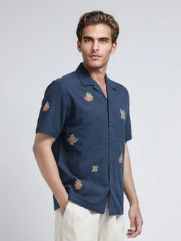 Rare Rabbit - Men Navy Blue Embroidered Casual Shirt