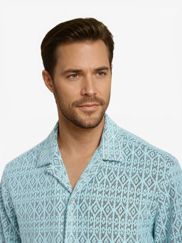 Rare Rabbit - Men Blue Self Design Casual Shirt