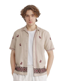 Rare Rabbit - Men Beige Embroidered Casual Shirt