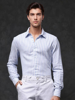 Rare Rabbit - Men Blue Stripes Casual Shirt