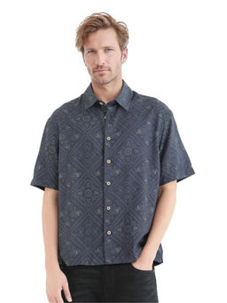 Rare Rabbit - Men Navy Blue Self Design Casual Shirt