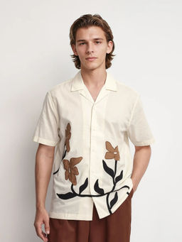 Rare Rabbit - Men Off White Embroidered Casual Shirt