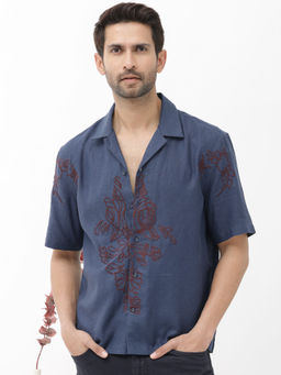 Rare Rabbit - Men Navy Blue Embroidered Casual Shirt