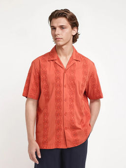 Rare Rabbit - Men Orange Embroidered Casual Shirt