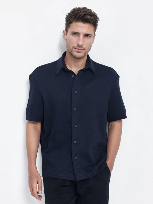 Rare Rabbit Men Navy Blue Solid Casual Shirt