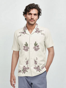 Rare Rabbit - Men Off White Embroidered Casual Shirt